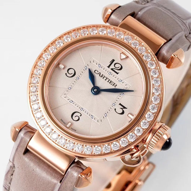 PASHA DE CARTIER WATCH ROSE GOLD CASE WITH CRYSTALS AND ROSE BROWN LEATHER STRAP