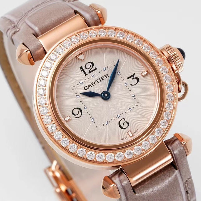 PASHA DE CARTIER WATCH ROSE GOLD CASE WITH CRYSTALS AND ROSE BROWN LEATHER STRAP