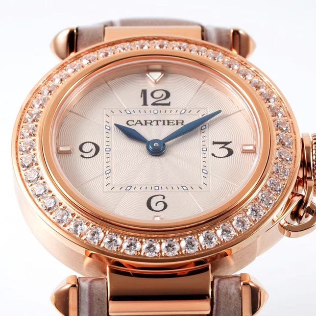 PASHA DE CARTIER WATCH ROSE GOLD CASE WITH CRYSTALS AND ROSE BROWN LEATHER STRAP