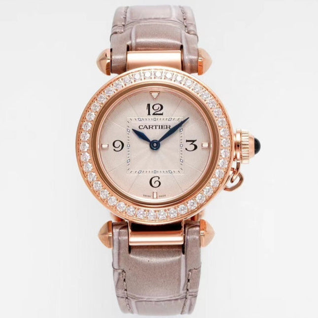 PASHA DE CARTIER WATCH ROSE GOLD CASE WITH CRYSTALS AND ROSE BROWN LEATHER STRAP