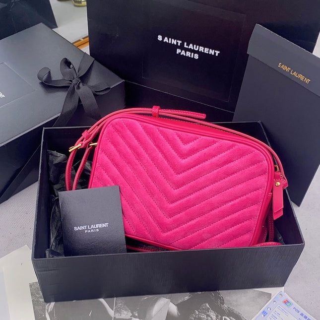 LOU CAMERA BAG 23 IN BRIGHT PINK SUEDE AND CALFSKIN TRIM