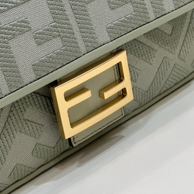 BAGUETTE WITH FF MOTIF 27 IN BITTER JACQUARD FABRIC GOLD HARDWARE
