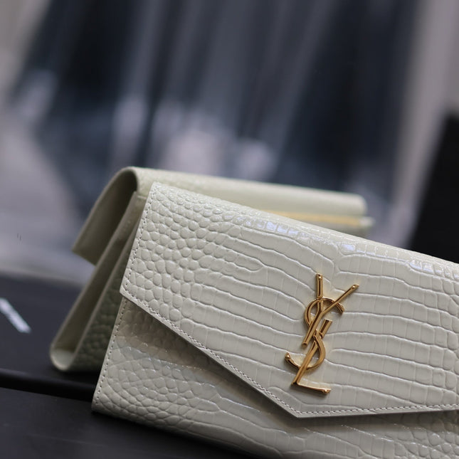 UPTOWN WALLET 21 IN WHITE CROCODILE PATTERN CALFSKIN GOLD LOGO