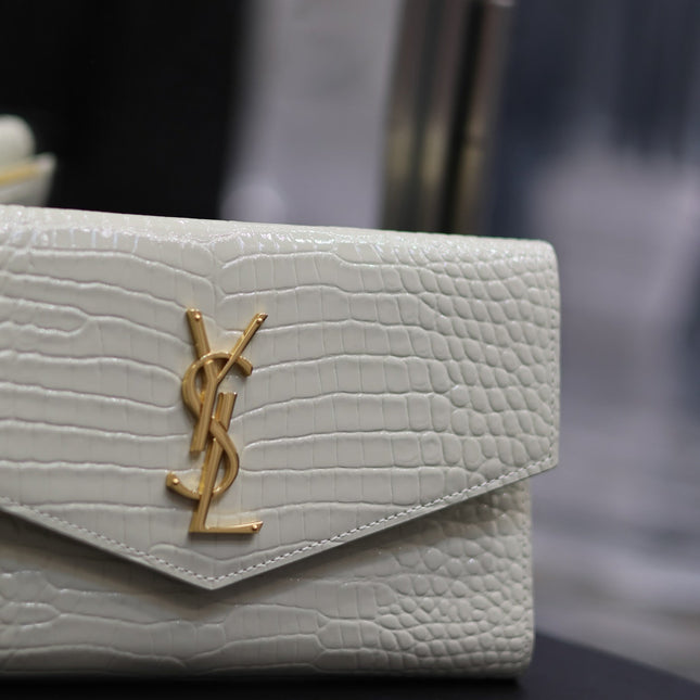 UPTOWN WALLET 21 IN WHITE CROCODILE PATTERN CALFSKIN GOLD LOGO