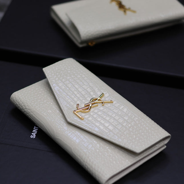 UPTOWN WALLET 21 IN WHITE CROCODILE PATTERN CALFSKIN GOLD LOGO