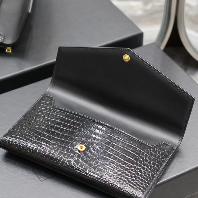 UPTOWN WALLET 21 IN BLACK CROCODILE PATTERN CALFSKIN GOLD LOGO