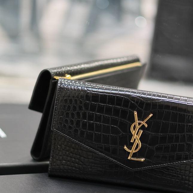 UPTOWN WALLET 21 IN BLACK CROCODILE PATTERN CALFSKIN GOLD LOGO