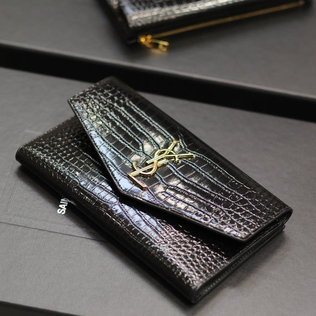 UPTOWN WALLET 21 IN BLACK CROCODILE PATTERN CALFSKIN GOLD LOGO