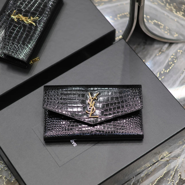 UPTOWN WALLET 21 IN BLACK CROCODILE PATTERN CALFSKIN GOLD LOGO