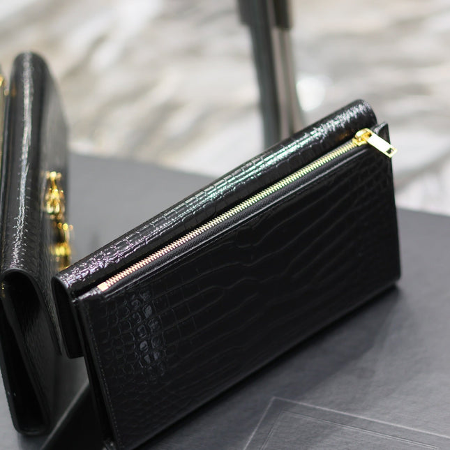 UPTOWN WALLET 21 IN BLACK CROCODILE PATTERN CALFSKIN GOLD LOGO