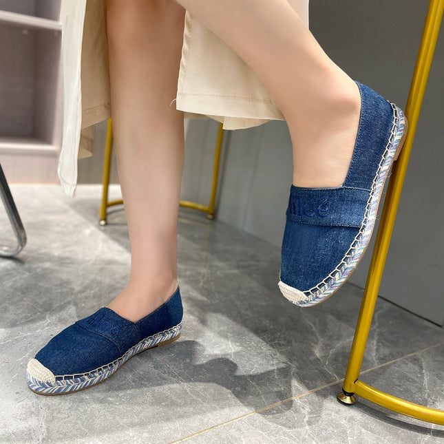 LOAFERS IN NAVY BLUE FABRIC AND RAFFIA