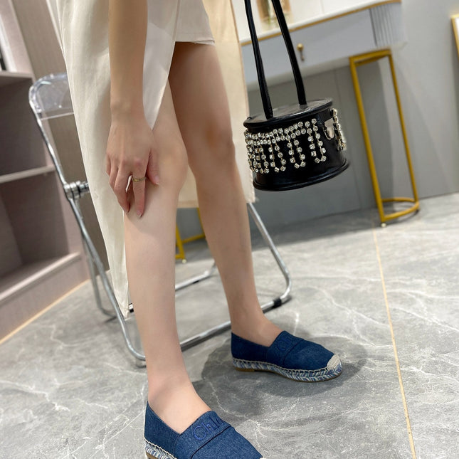 LOAFERS IN NAVY BLUE FABRIC AND RAFFIA