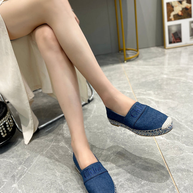 LOAFERS IN NAVY BLUE FABRIC AND RAFFIA
