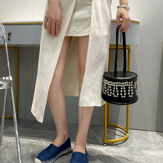 LOAFERS IN NAVY BLUE FABRIC AND RAFFIA