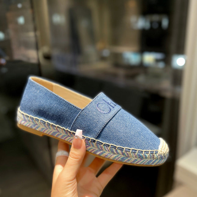 LOAFERS IN NAVY BLUE FABRIC AND RAFFIA