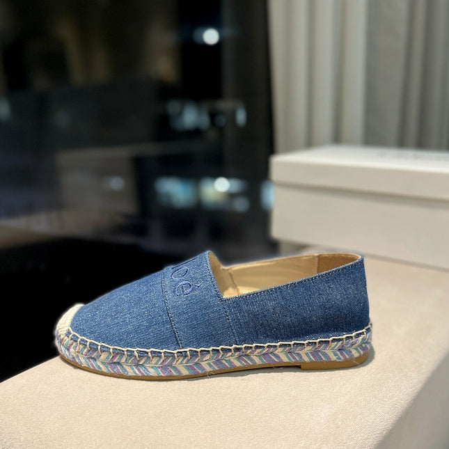 LOAFERS IN NAVY BLUE FABRIC AND RAFFIA