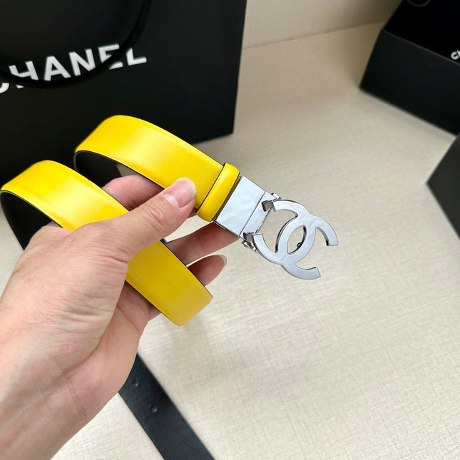 CC 30MM BELT IN BRIGHT YELLOW AND BLACK CALFSKIN WITH SILVER HARDWARE