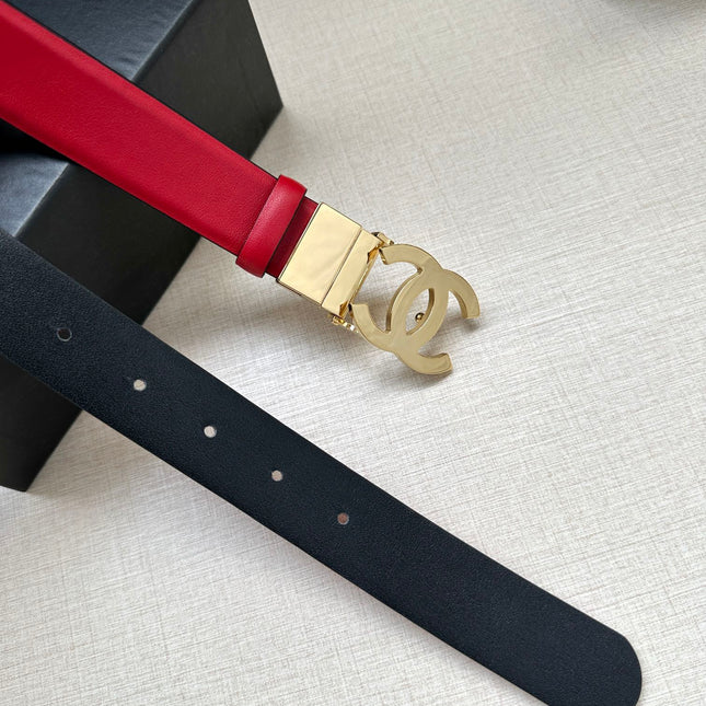 CC 30MM BELT IN CHERRY RED AND BLACK CALFSKIN WITH GOLD HARDWARE
