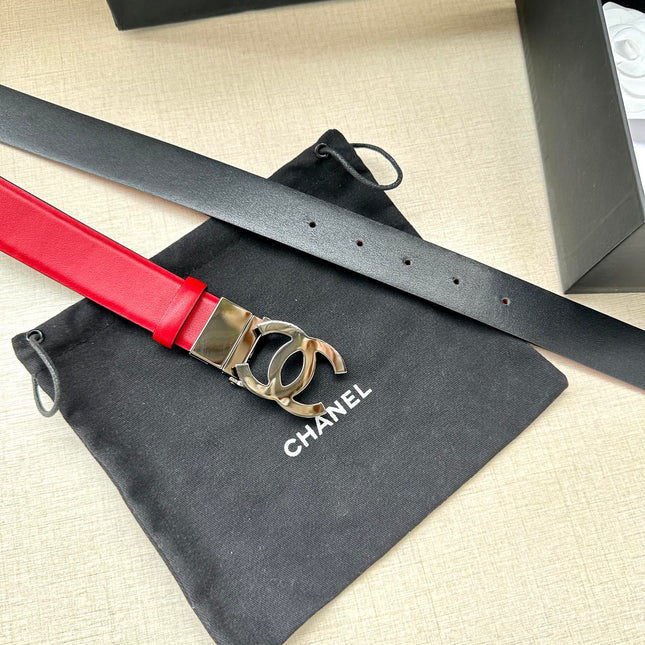 CC 30MM BELT IN CHERRY RED AND BLACK CALFSKIN WITH GOLD HARDWARE