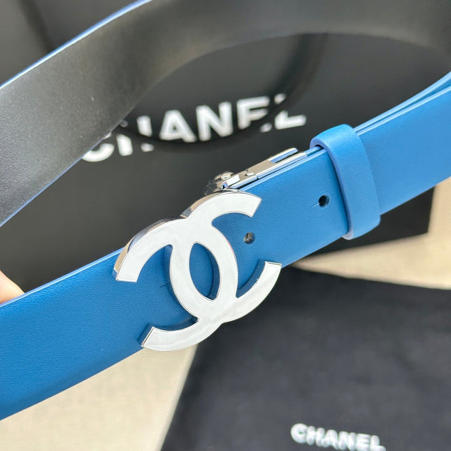 CC 30MM BELT IN BLUE AND BLACK CALFSKIN WITH SILVER HARDWARE