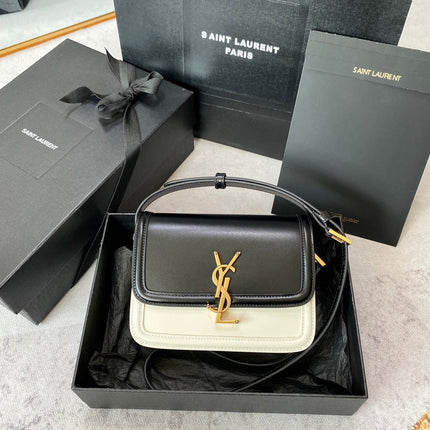 SOLFERINO SMALL SATCHEL 19 IN BLACK MIX WHITE CALFSKIN GOLD LOGO