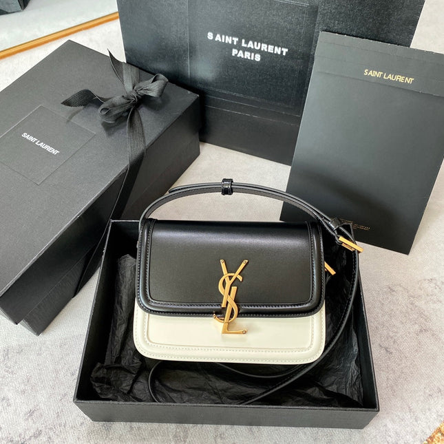 SOLFERINO SMALL SATCHEL 19 IN BLACK MIX WHITE CALFSKIN GOLD LOGO