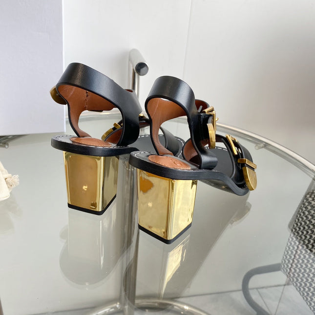 REBECCA LOW HEELED SANDAL IN BLACK LAMBSKIN GOLD HARDWARE