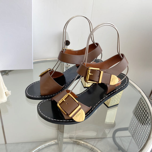 REBECCA LOW HEELED SANDAL IN RUSSET BROWN LAMBSKIN GOLD HARDWARE