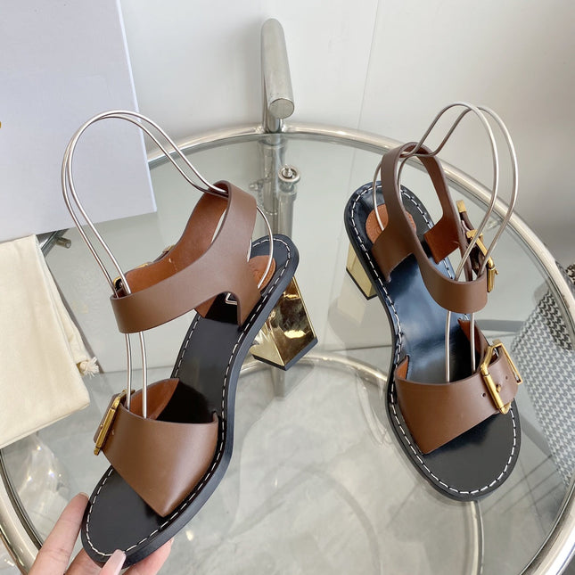 REBECCA LOW HEELED SANDAL IN RUSSET BROWN LAMBSKIN GOLD HARDWARE