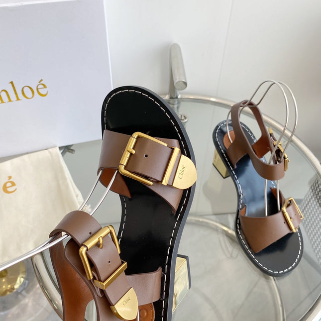 REBECCA LOW HEELED SANDAL IN RUSSET BROWN LAMBSKIN GOLD HARDWARE
