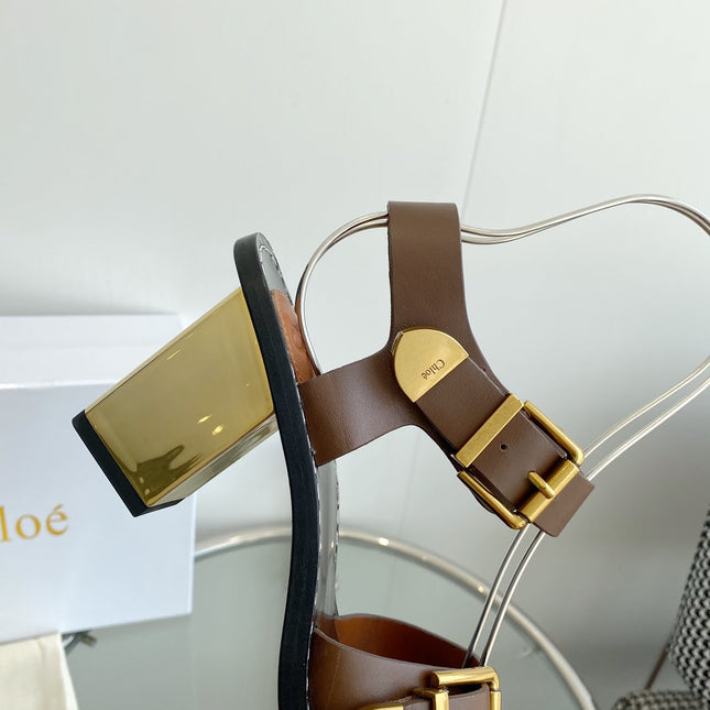 REBECCA LOW HEELED SANDAL IN RUSSET BROWN LAMBSKIN GOLD HARDWARE
