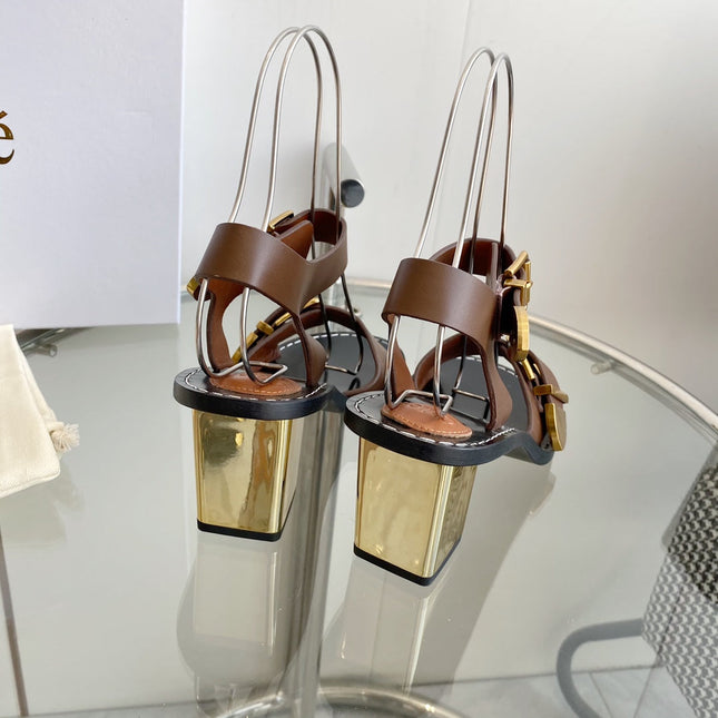 REBECCA LOW HEELED SANDAL IN RUSSET BROWN LAMBSKIN GOLD HARDWARE