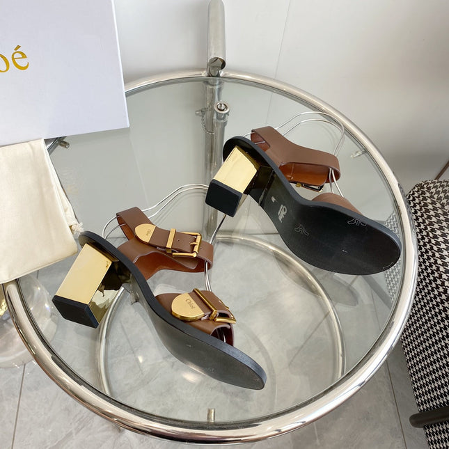 REBECCA LOW HEELED SANDAL IN RUSSET BROWN LAMBSKIN GOLD HARDWARE
