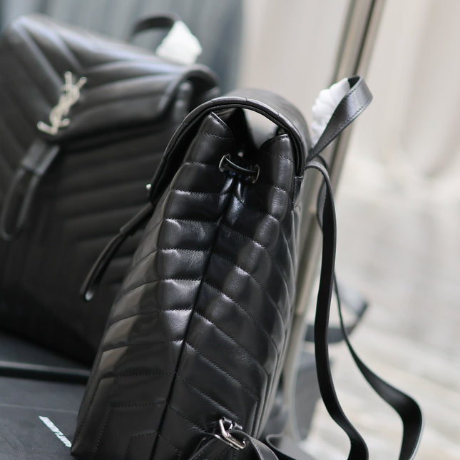 LOU BACKPACK 33 IN BLACK QUILTED CALFSKIN SILVER HARDWARE