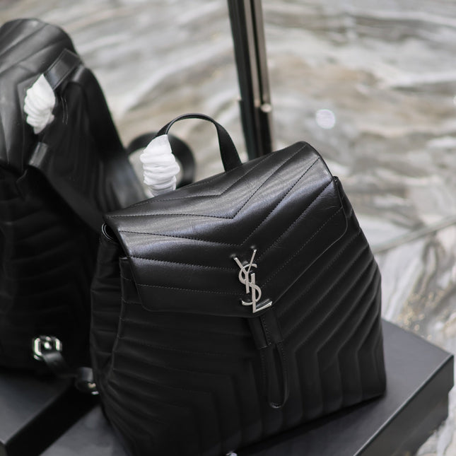 LOU BACKPACK 33 IN BLACK QUILTED CALFSKIN SILVER HARDWARE