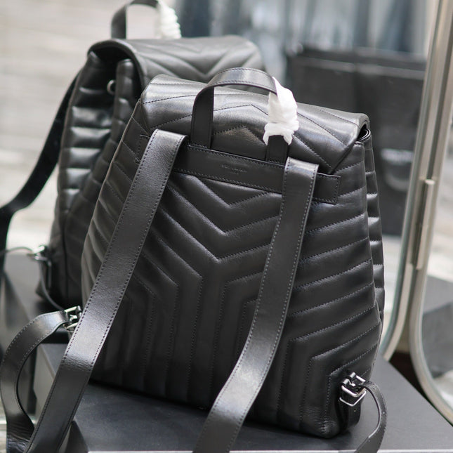 LOU BACKPACK 33 IN BLACK QUILTED CALFSKIN SILVER HARDWARE