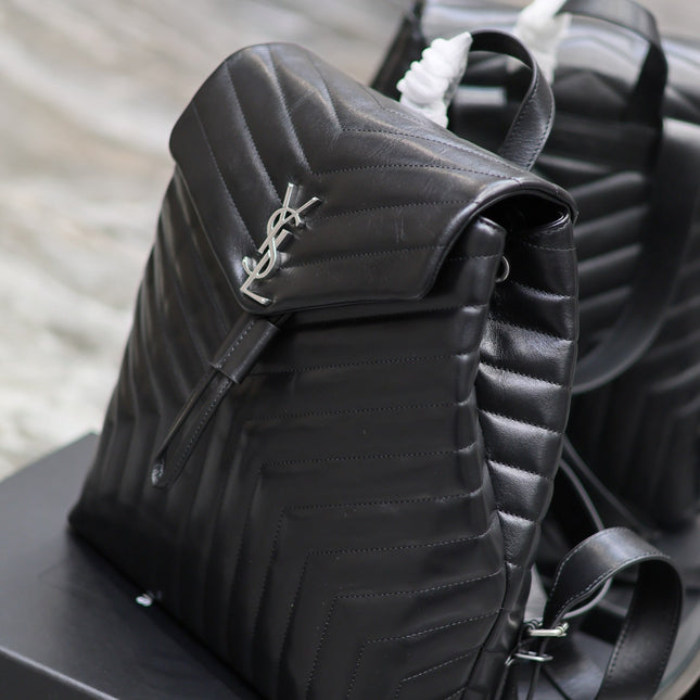 LOU BACKPACK 33 IN BLACK QUILTED CALFSKIN SILVER HARDWARE