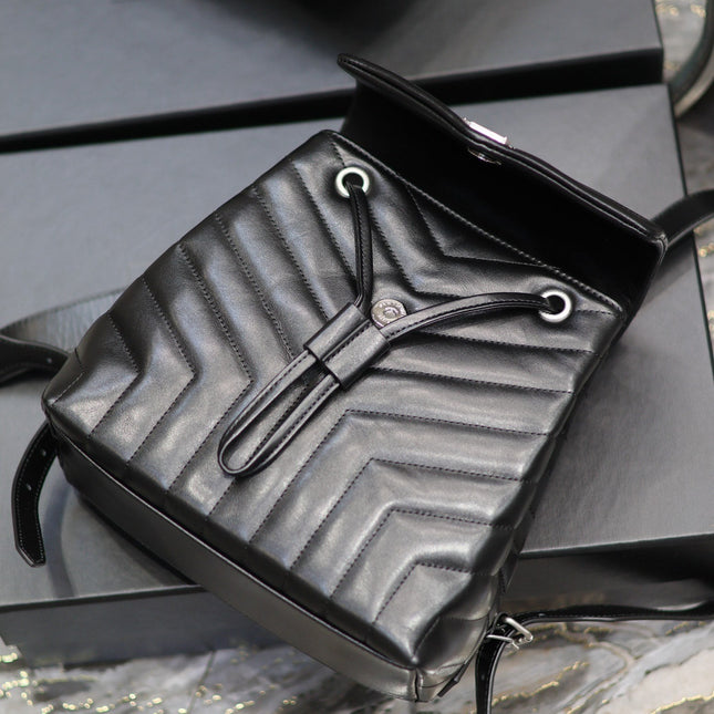 LOU BACKPACK 26 IN BLACK QUILTED CALFSKIN SILVER HARDWARE