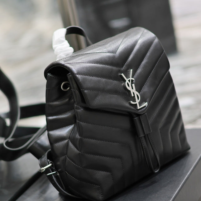 LOU BACKPACK 26 IN BLACK QUILTED CALFSKIN SILVER HARDWARE