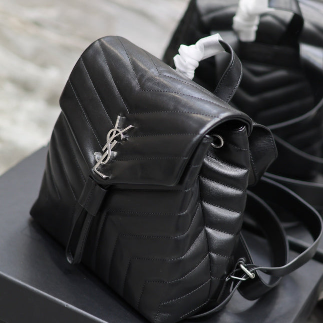 LOU BACKPACK 26 IN BLACK QUILTED CALFSKIN SILVER HARDWARE