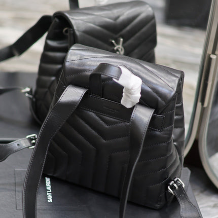LOU BACKPACK 26 IN BLACK QUILTED CALFSKIN SILVER HARDWARE