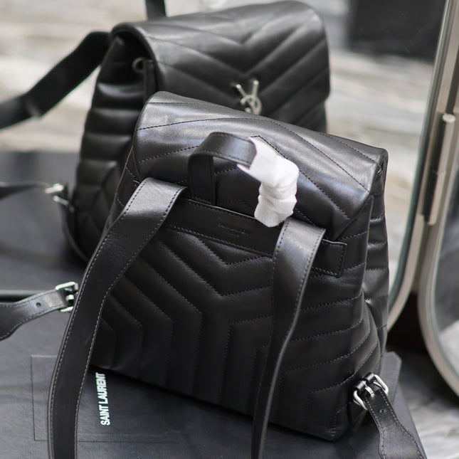LOU BACKPACK 26 IN BLACK QUILTED CALFSKIN SILVER HARDWARE