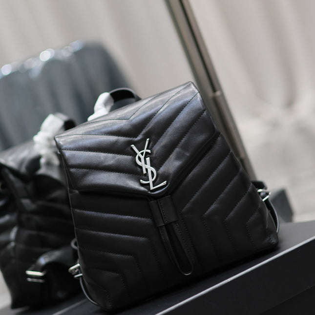 LOU BACKPACK 26 IN BLACK QUILTED CALFSKIN SILVER HARDWARE