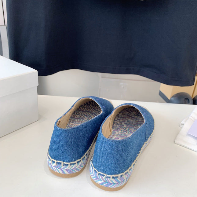 LOAFER SHOES IN CERULEAN BLUE DENIM AND WOVEN RAFFIA