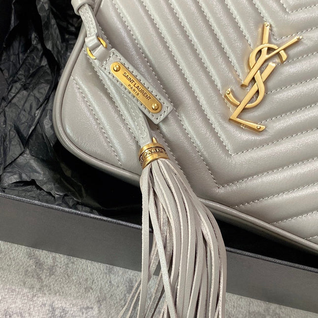 LOU CAMERA BAG 23 IN LIGHT GRAY CALFSKIN GOLD LOGO