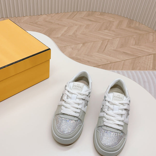FENDI CASUAL SNEAKER IN GREY CALFSKIN ATTACH RHINSTONES