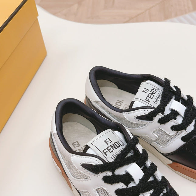 FENDI CASUAL SNEAKER IN BLACK MIX WHITE CALFSKIN ATTACH RHINSTONES