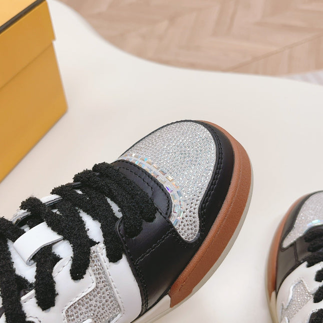 FENDI CASUAL SNEAKER IN BLACK MIX WHITE CALFSKIN ATTACH RHINSTONES