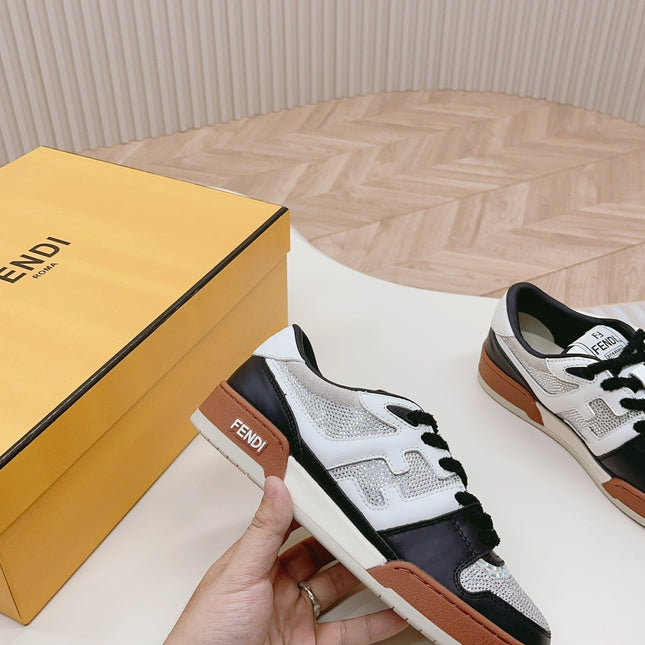 FENDI CASUAL SNEAKER IN BLACK MIX WHITE CALFSKIN ATTACH RHINSTONES