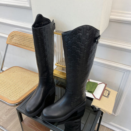 GG EMBOSSED LEATHER KNEE HIGH BOOTS IN BLACK CALFSKIN